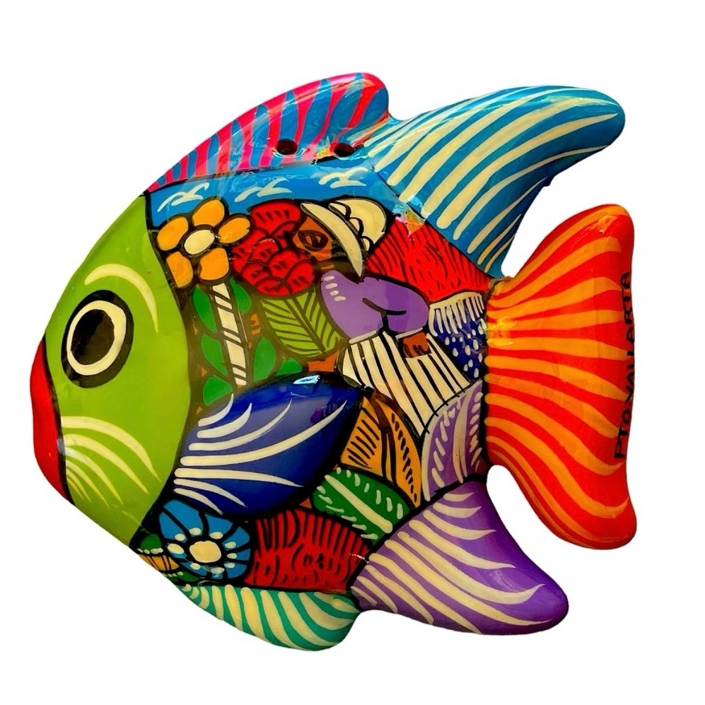 FISH Terracotta Folkart PEZCADO PIRANA CHICO DE BARRE colorful Puerto Vallarta